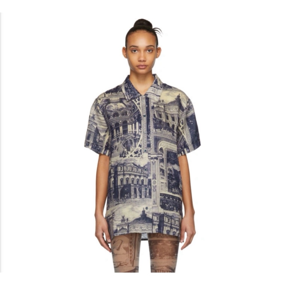 Acne Studios Stunning 100% linen print blue and taupe Rellah theatre shirt M